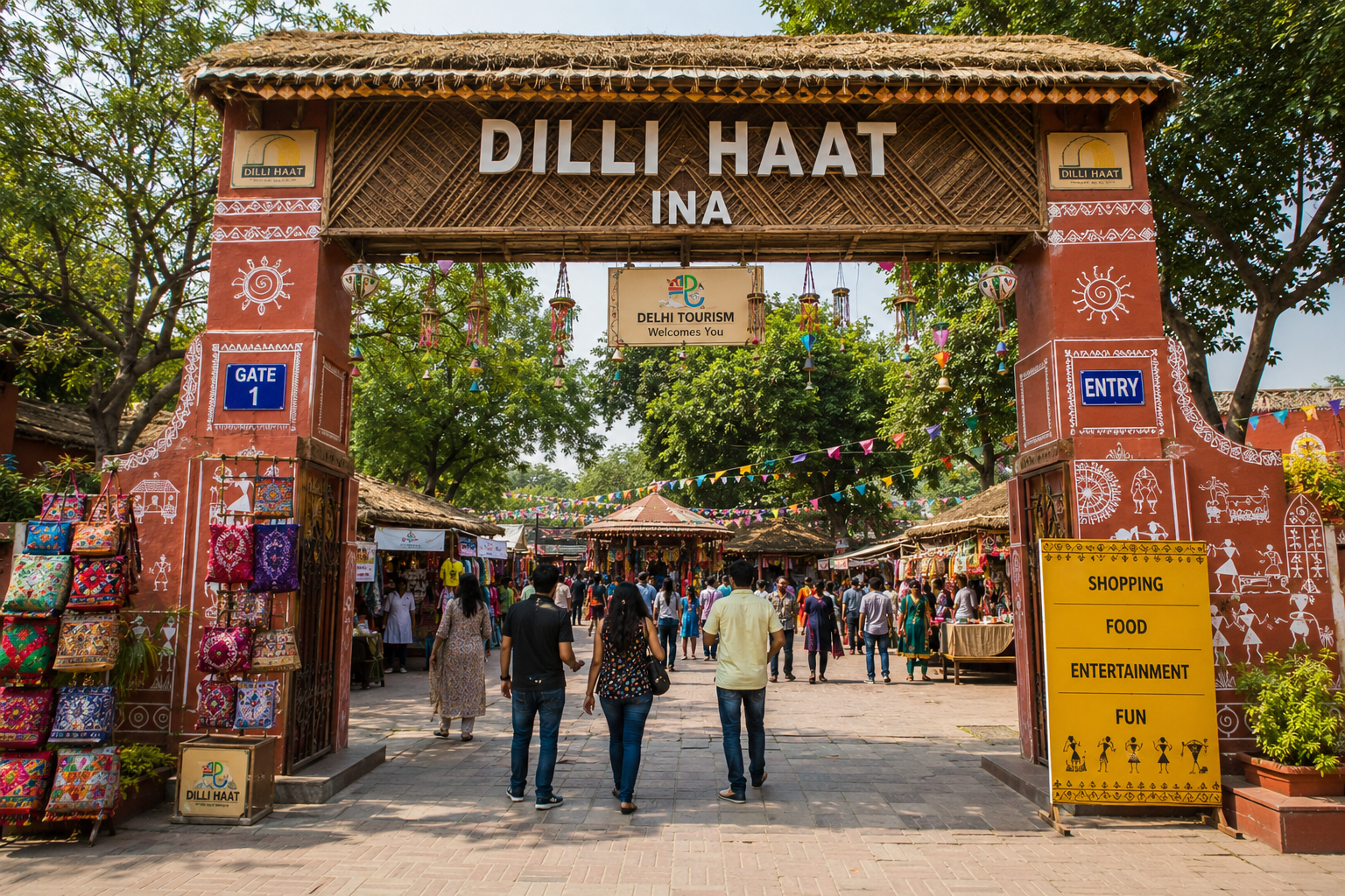 Colorful entrance of Dilli Haat Delhi, a famous cultural market and handicraft shopping destination in New Delhi.