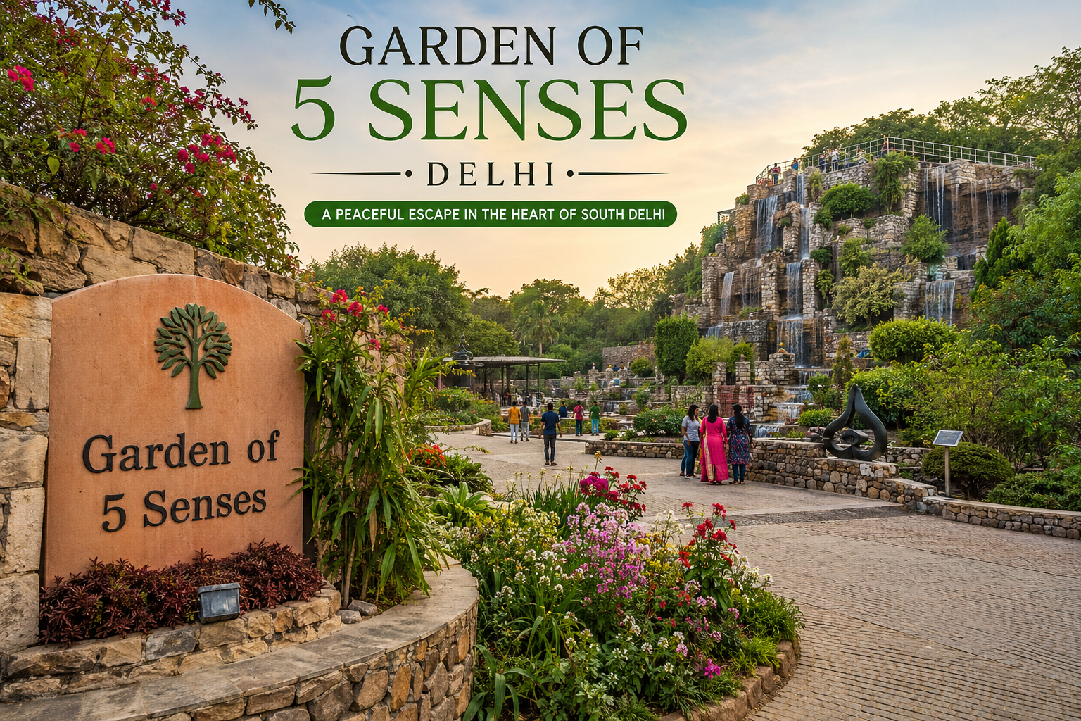 Garden of 5 Senses Delhi with beautiful flowers, sculptures and lush greenery