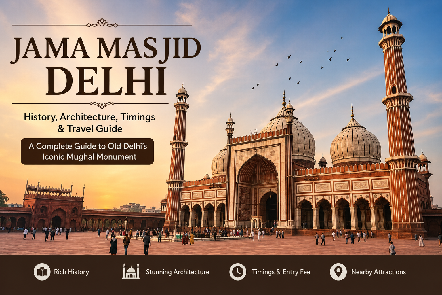 Jama Masjid Delhi, a magnificent Mughal mosque in Old Delhi with grand domes and towering minarets.