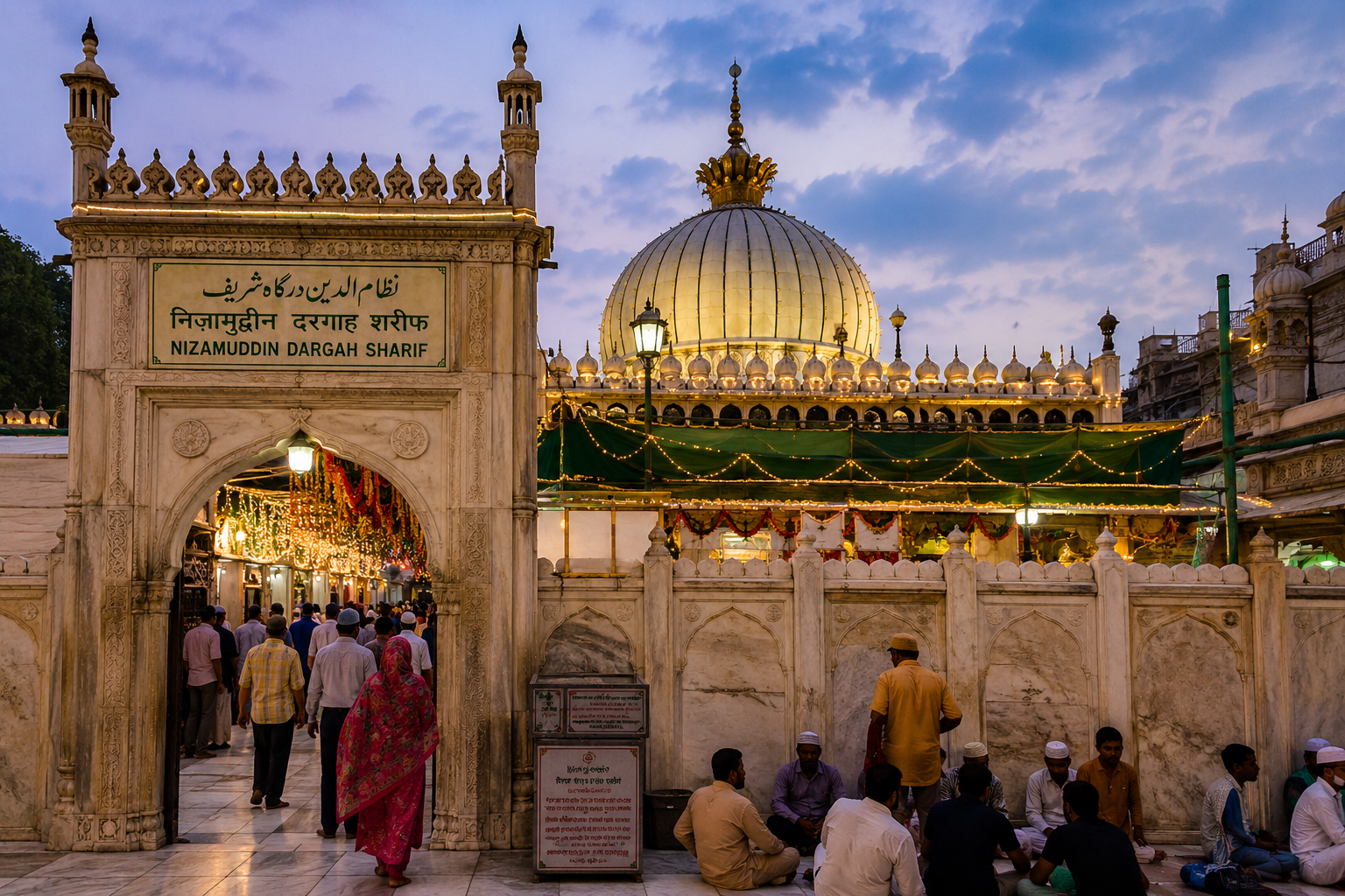 Nizamuddin Dargah Delhi main entrance and illuminated shrine at dusk