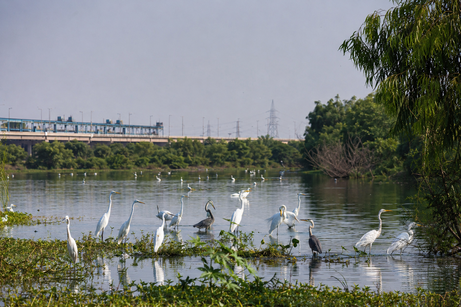 Migratory birds in the wetlands of Okhla Bird Sanctuary near Delhi and Noida.