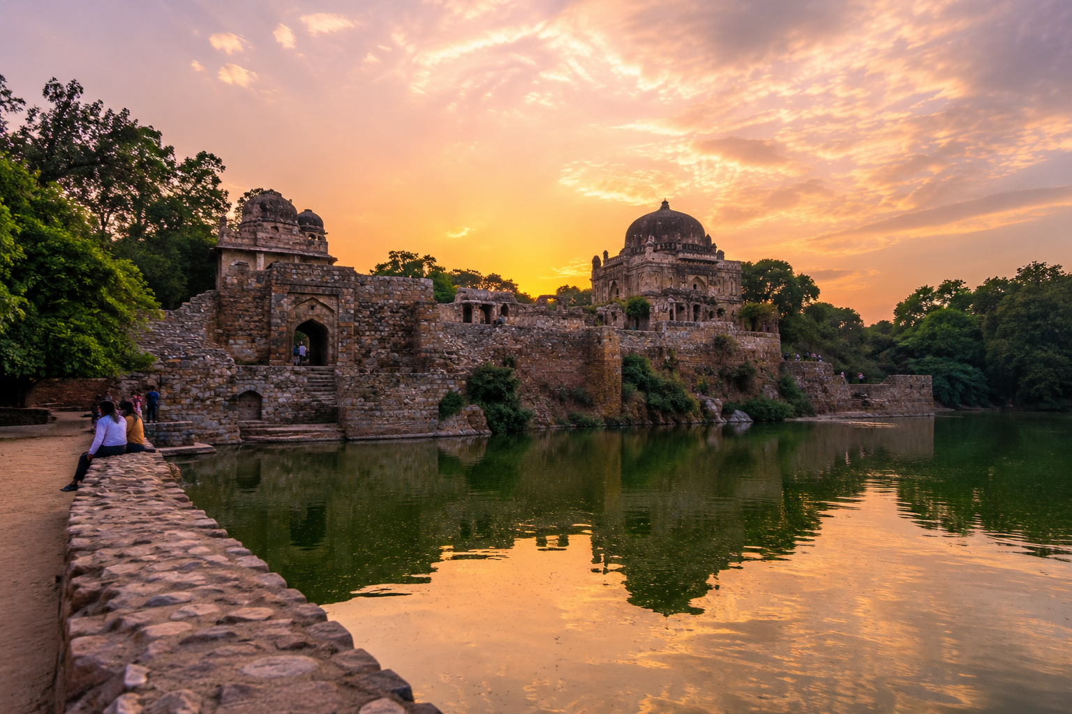Hauz Khas Lake and historic fort ruins in South Delhi