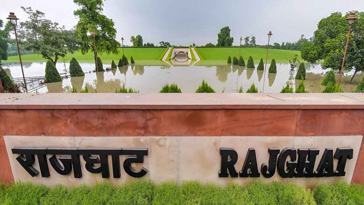 Raj Ghat, Mahatma Gandhi's memorial in Delhi, surrounded by lush green gardens.