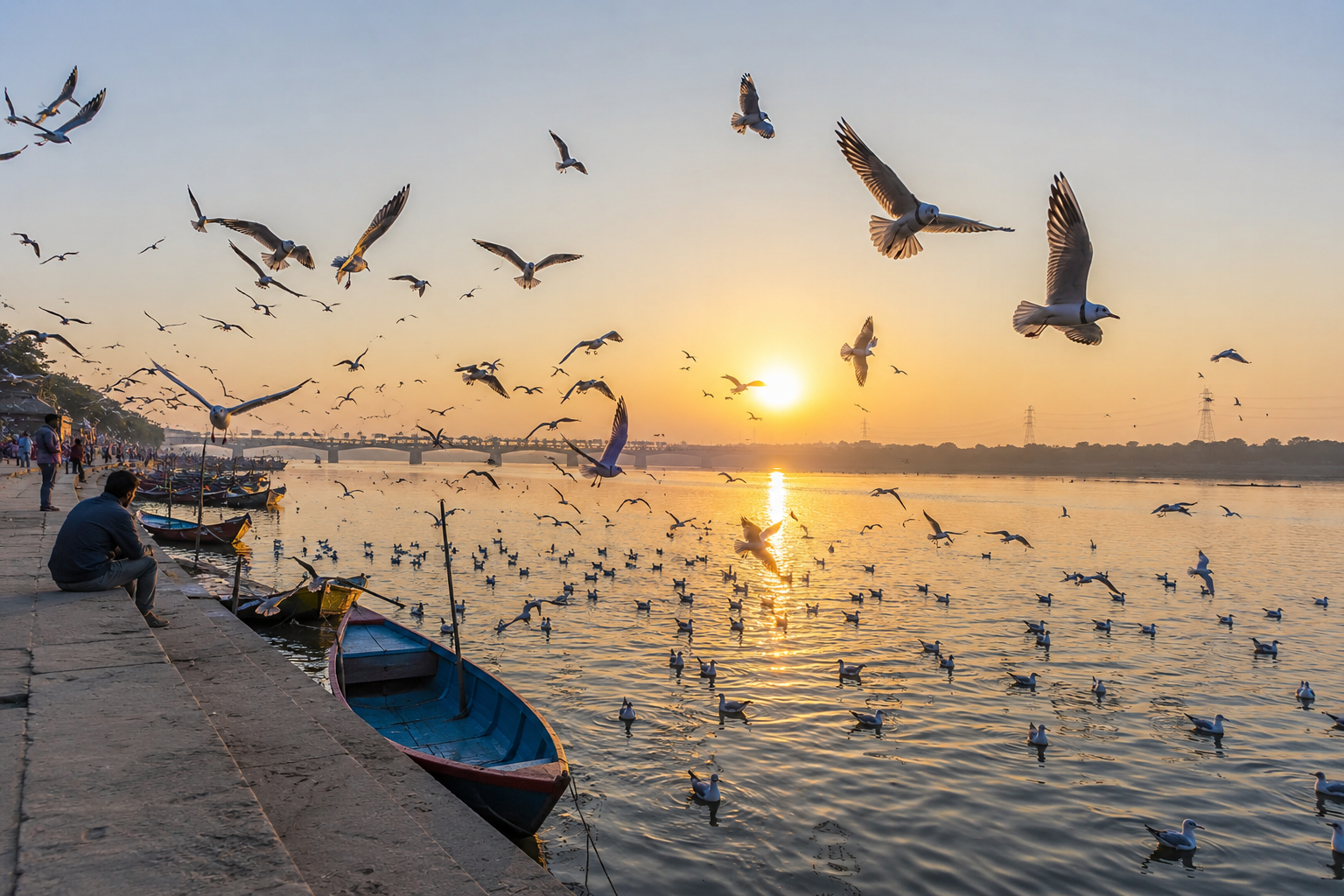 Beautiful sunrise view at Yamuna Ghat Delhi with migratory birds on the Yamuna River.