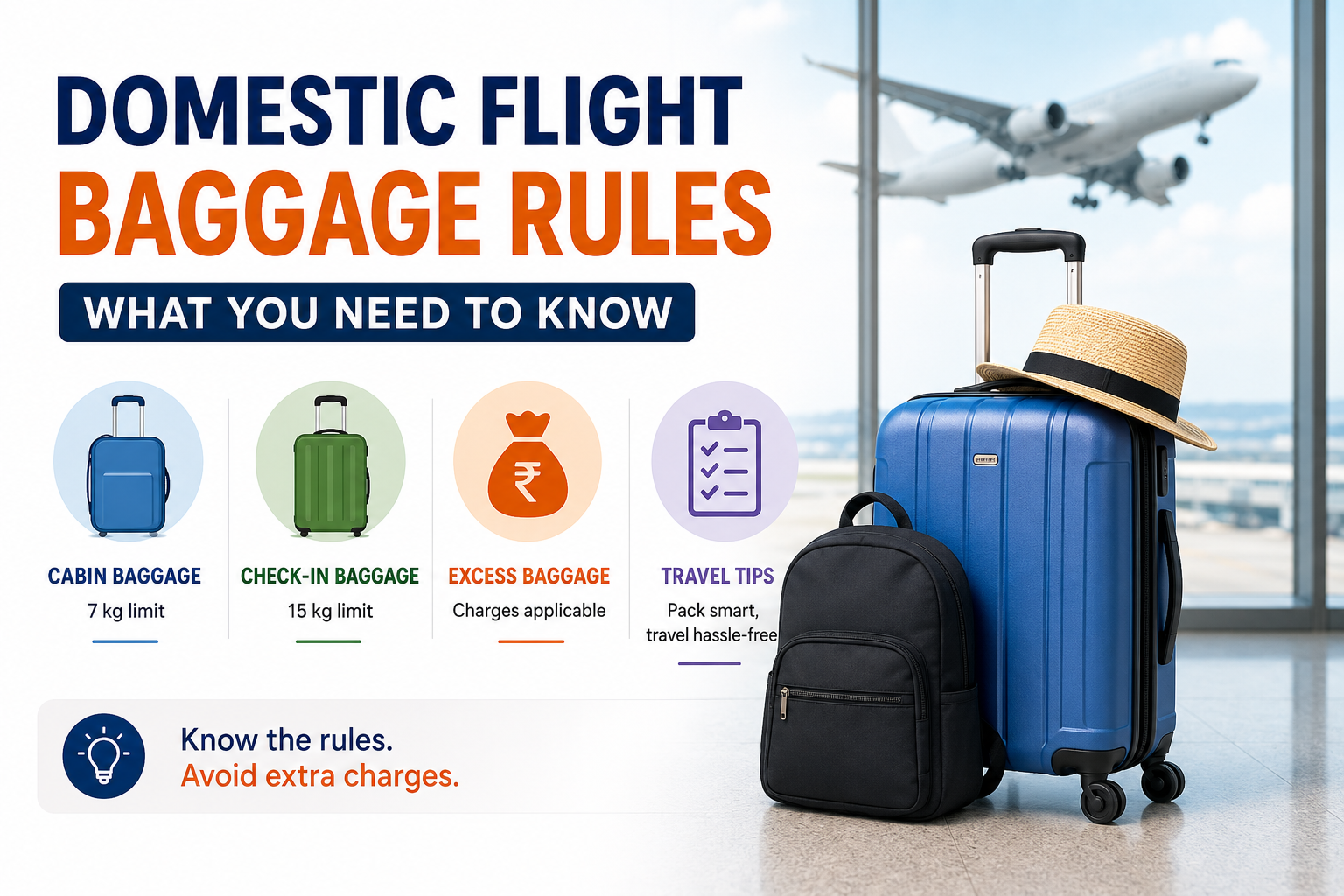 Domestic flight baggage rules guide showing cabin baggage, check-in baggage and travel tips
