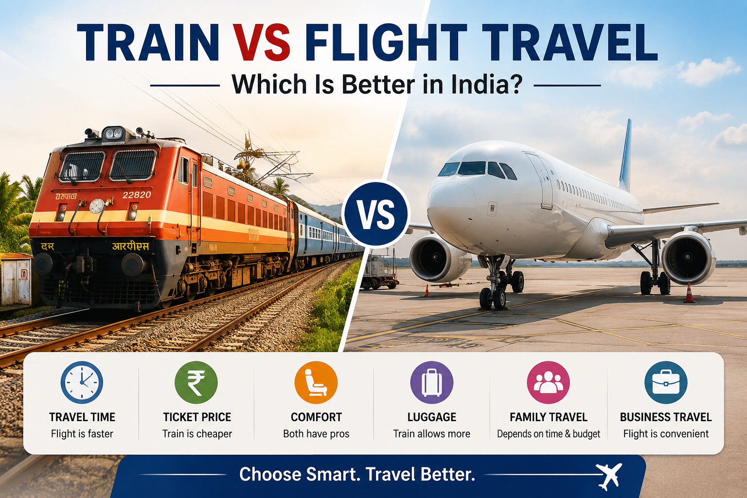 Train vs flight travel in India comparison showing train and airplane for travel time, ticket price and comfort.