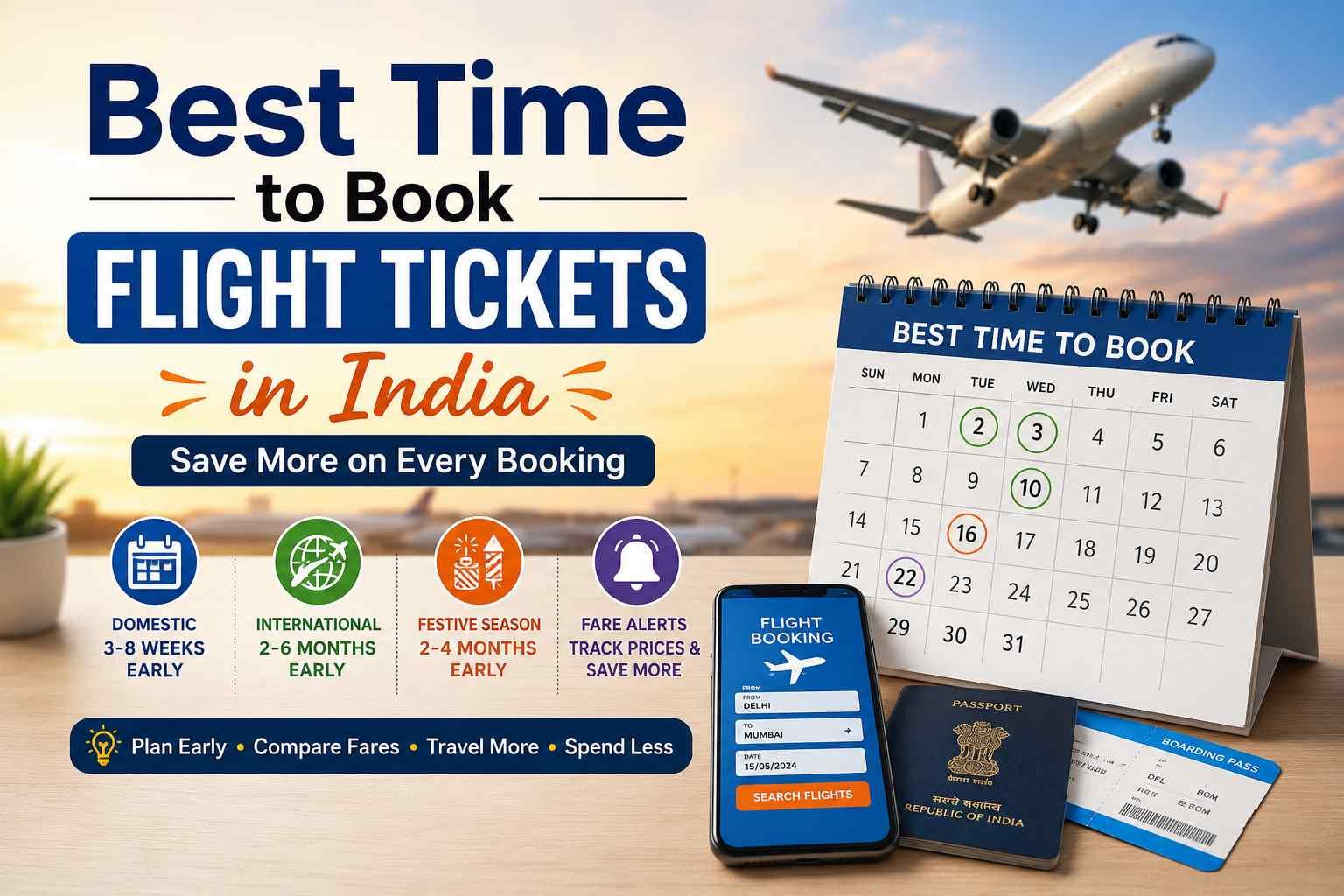 Best Time to Book Flight Tickets in India infographic with flight booking tips and savings guide