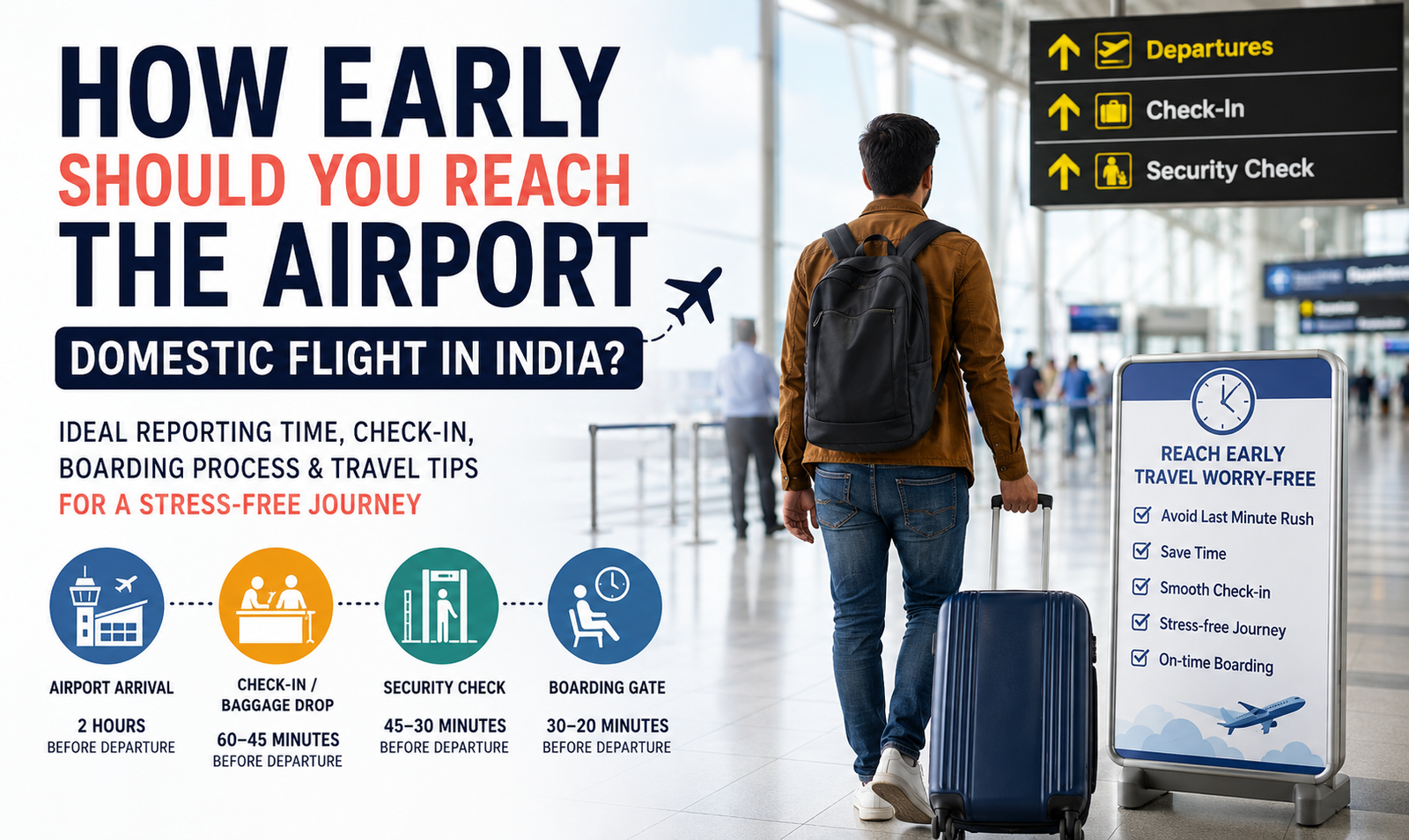 Passenger reaching airport early for domestic flight in India with luggage, check-in, security check and boarding process guide.