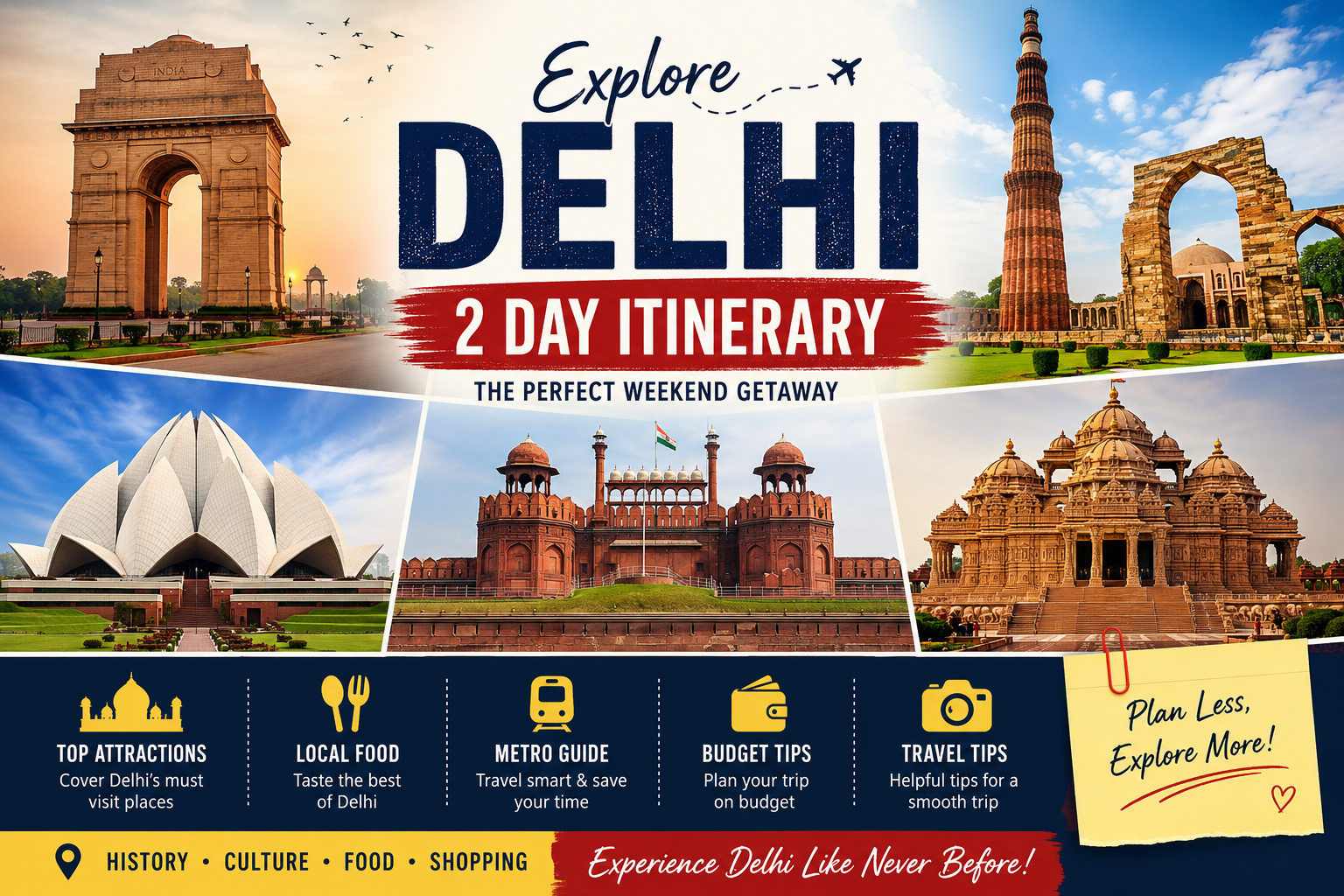 Delhi 2 Day Itinerary covering India Gate Red Fort Akshardham Lotus Temple and Qutub Minar