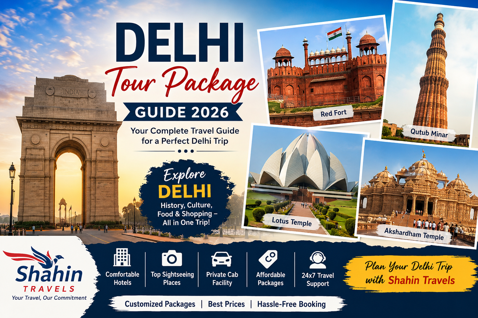 Delhi Tour Package Guide covering India Gate, Red Fort, Qutub Minar and Akshardham Temple