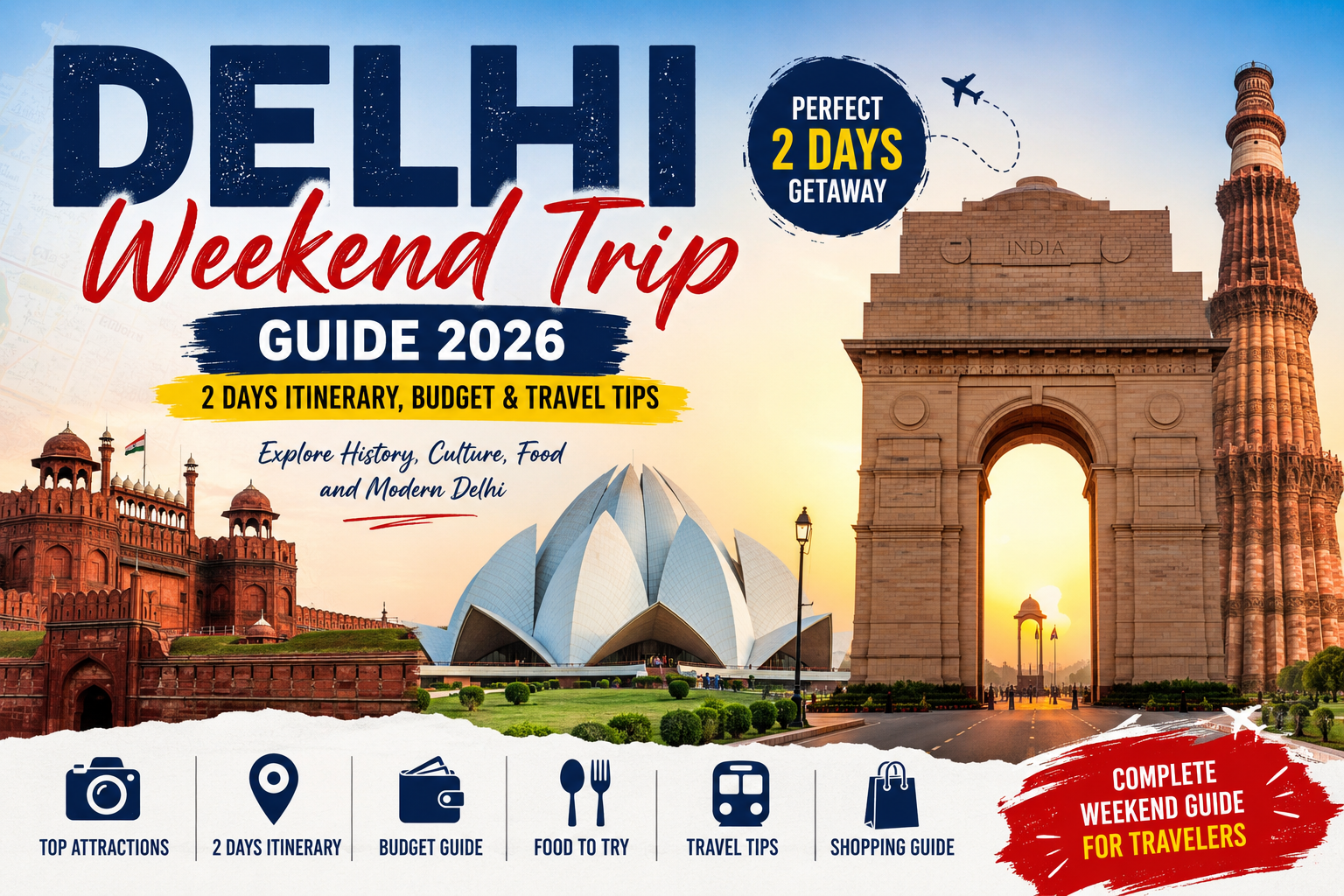 Delhi Weekend Trip Guide with India Gate, Red Fort, Lotus Temple and Qutub Minar