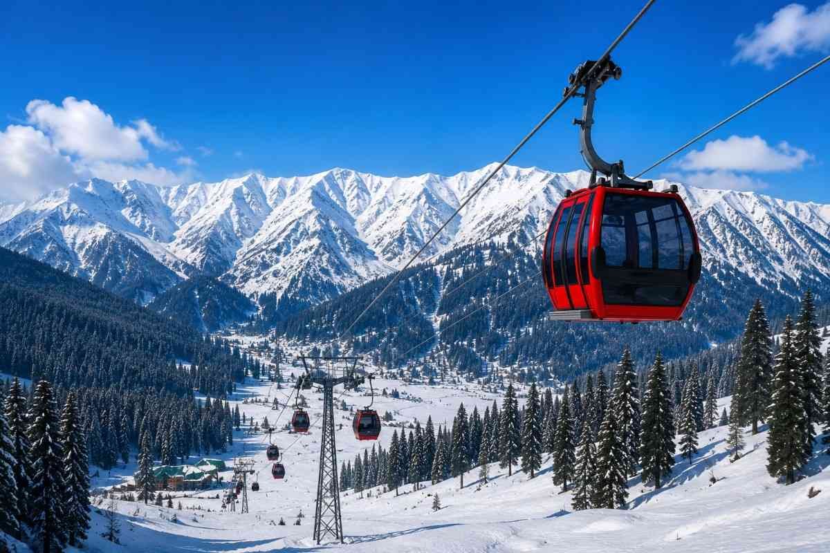 Gulmarg Gondola in Kashmir with snow covered Himalayan mountains