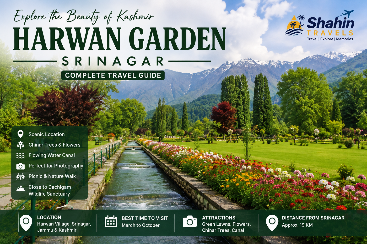 Harwan Garden Srinagar with Chinar trees and green lawns