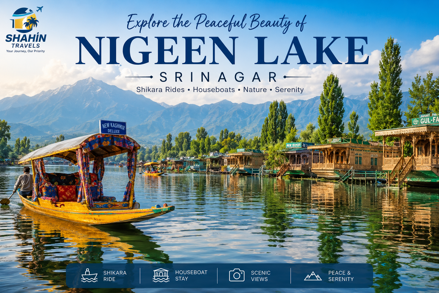 Nigeen Lake Srinagar Kashmir with houseboats and mountains